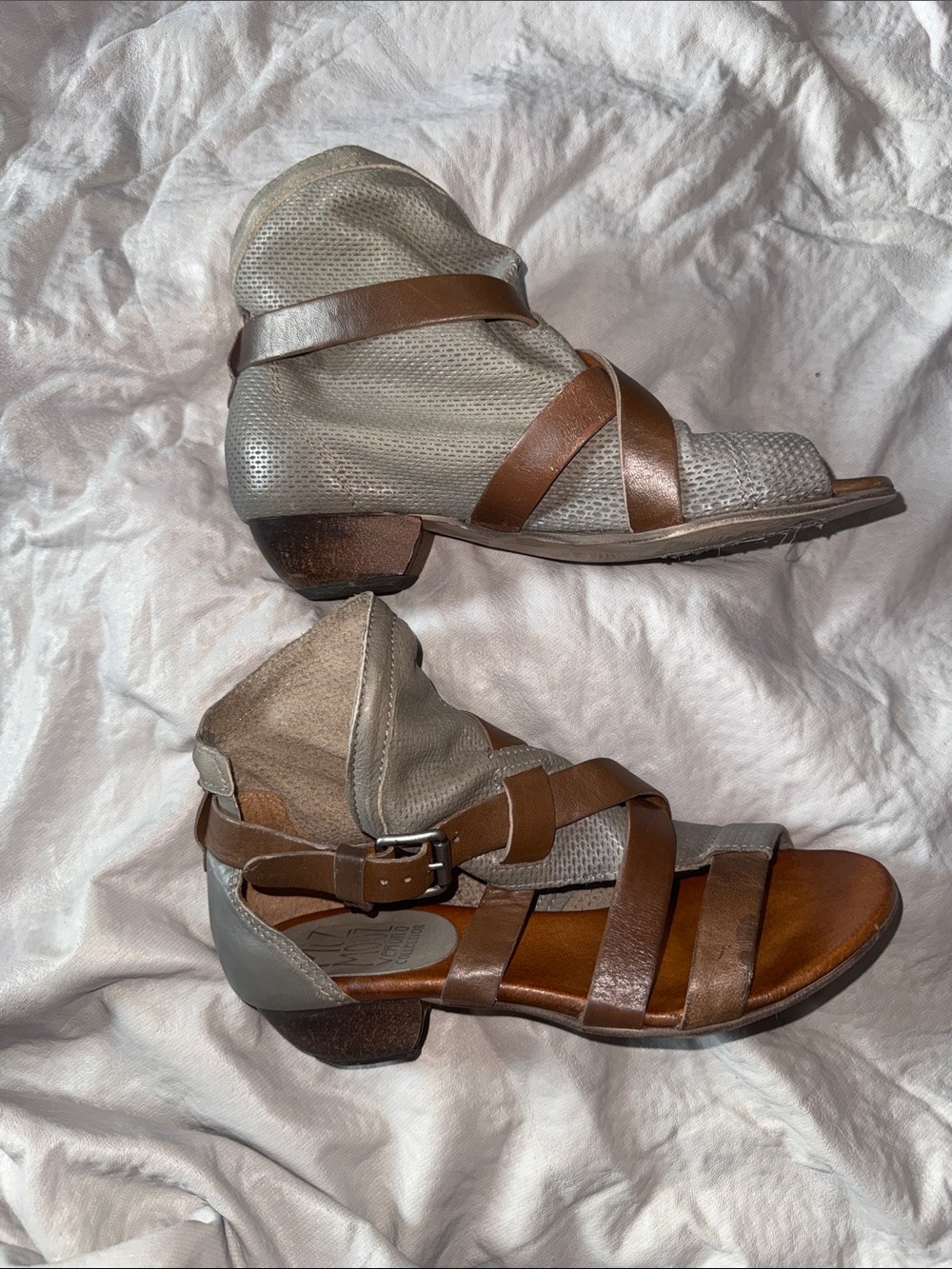 Miz Mooz Brown and Gray Leather Strappy Low Heel Sandals